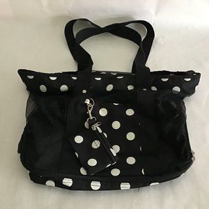 Beach bag/tote with matching change purse, black/white polka dots